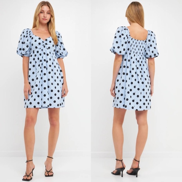 New English Factory Dotted BabyDoll Mini Dress Blie Puff Sleeve Large prairie - Picture 1 of 14